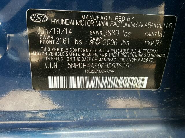 5NPDH4AE9FH553625 - 2015 HYUNDAI ELANTRA SE BLUE photo 10