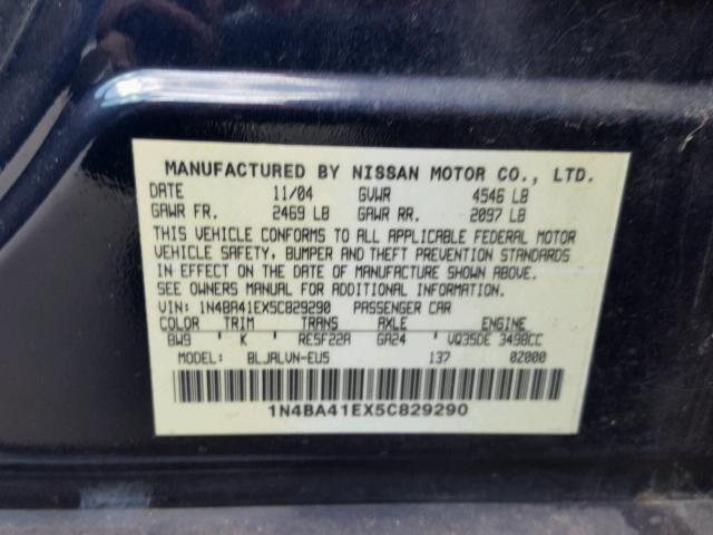 1N4BA41EX5C829290 - 2005 NISSAN MAXIMA SE BLUE photo 10