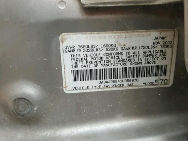 JA3AJ26E43U056678 - 2003 MITSUBISHI LANCER ES SILVER photo 10