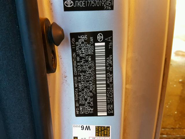 JTKDE177570192451 - 2007 TOYOTA SCION TC 银色 照片 10