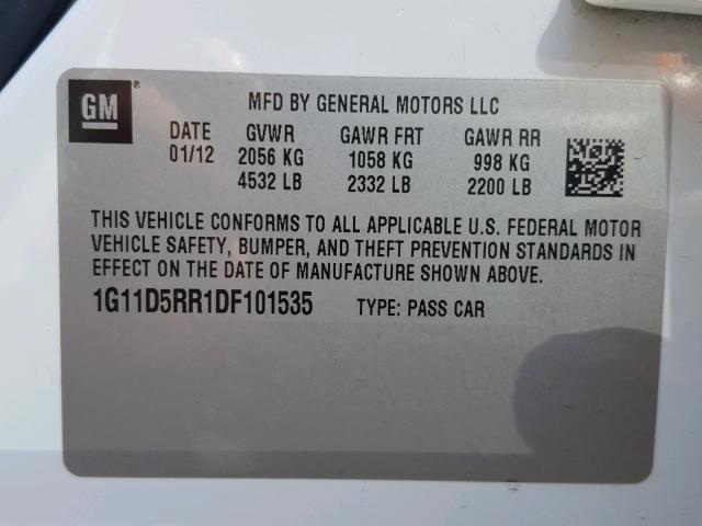 1G11D5RR1DF101535 - 2013 CHEVROLET MALIBU 1LT თეთრი ფოტო 10