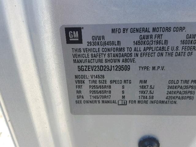 5GZEV23D29J129509 - 2009 SATURN OUTLOOK XR ვერცხლისფერი ფოტო 10