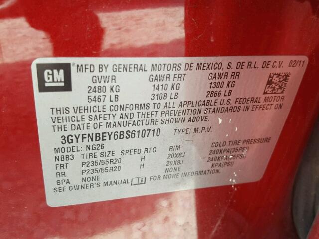 3GYFNBEY6BS610710 - 2011 CADILLAC SRX PERFOR 红色 照片 10