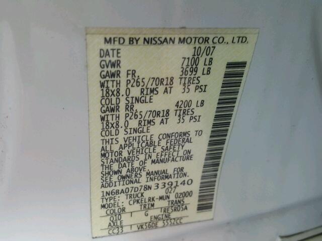 1N6BA07D78N339140 - 2008 NISSAN TITAN XE/S WHITE photo 10