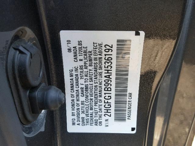 2HGFG1B99AH536192 - 2010 HONDA CIVIC EXL 石墨色 照片 10