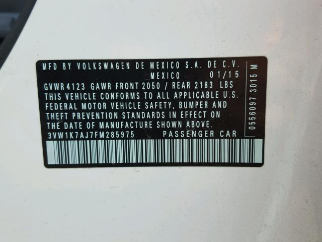 3VW1K7AJ7FM285975 - 2015 VOLKSWAGEN JETTA BASE Սպիտակ լուսանկար 10