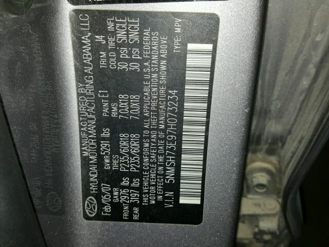 5NMSH73E97H073234 - 2007 HYUNDAI SANTA FE S GRAY photo 10