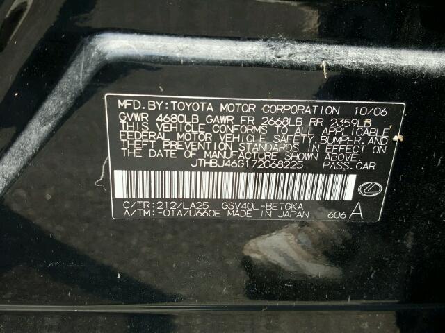 JTHBJ46G172068225 - 2007 LEXUS ES 350 BLACK photo 10