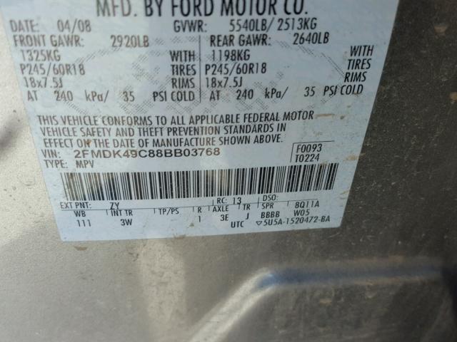 2FMDK49C88BB03768 - 2008 FORD EDGE LIMIT GRAY photo 10