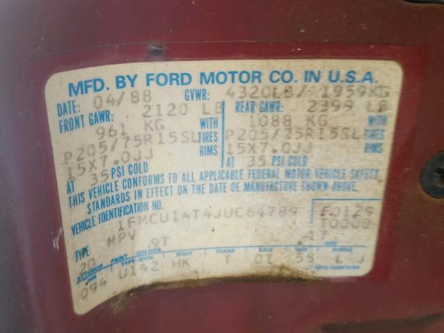 1FMCU14T4JUC64789 - 1988 FORD BRONCO II RED photo 10