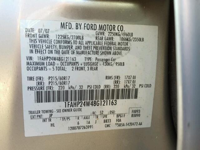 1FAHP24W48G121163 - 2008 FORD TAURUS SEL GOLD photo 10