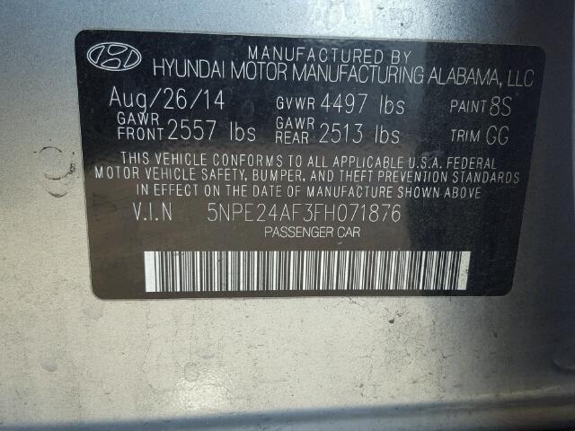 5NPE24AF3FH071876 - 2015 HYUNDAI SONATA SE SILVER photo 10