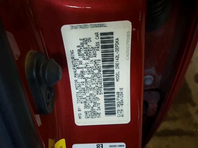 5YFBU4EE5CP065719 - 2012 TOYOTA COROLLA RED photo 10