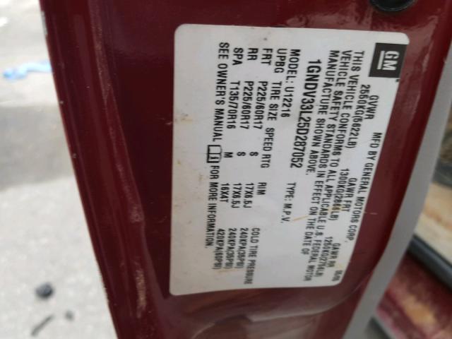 1GNDV33L25D287052 - 2005 CHEVROLET UPLANDER L 勃艮第红 照片 10