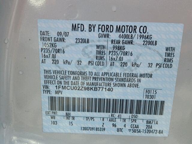 1FMCU02Z98KB77140 - 2008 FORD ESCAPE XLS WHITE photo 10