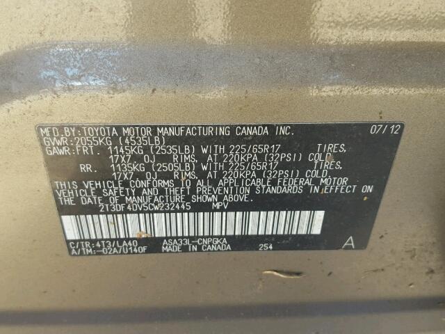 2T3DF4DV5CW232445 - 2012 TOYOTA RAV4 GRAY photo 10