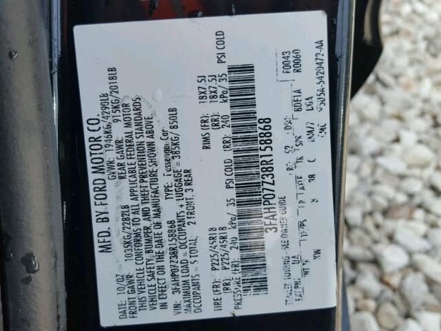 3FAHP07Z38R158868 - 2008 FORD FUSION BLACK photo 10