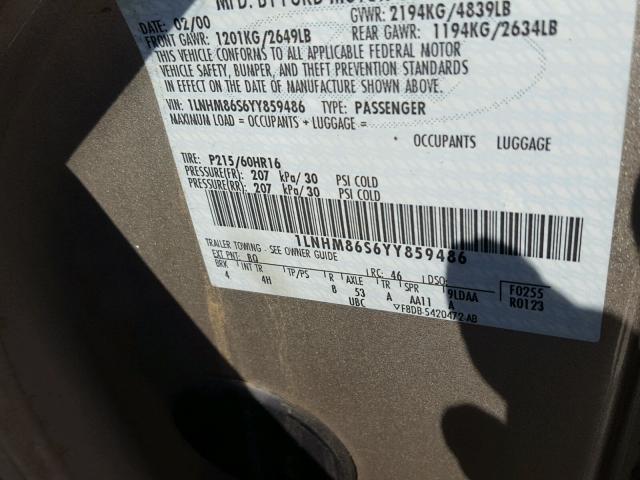 1LNHM86S6YY859486 - 2000 LINCOLN LS 米色 照片 10