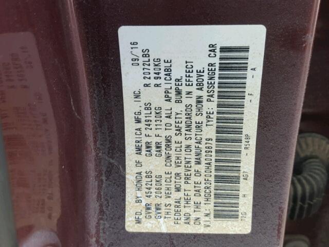 1HGCR3F00HA009879 - 2017 HONDA ACCORD EXL BURGUNDY photo 10