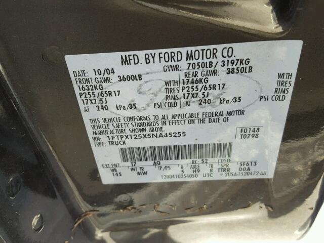 1FTPX125X5NA45255 - 2005 FORD F150 GRAY photo 10