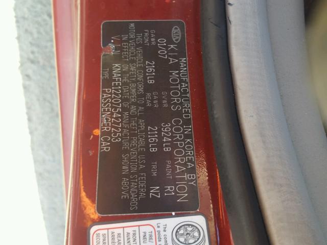 KNAFE122075427253 - 2007 KIA SPECTRA EX RED photo 10