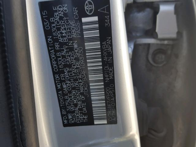 JTDKDTB34F1093730 - 2015 TOYOTA PRIUS C SILVER photo 10