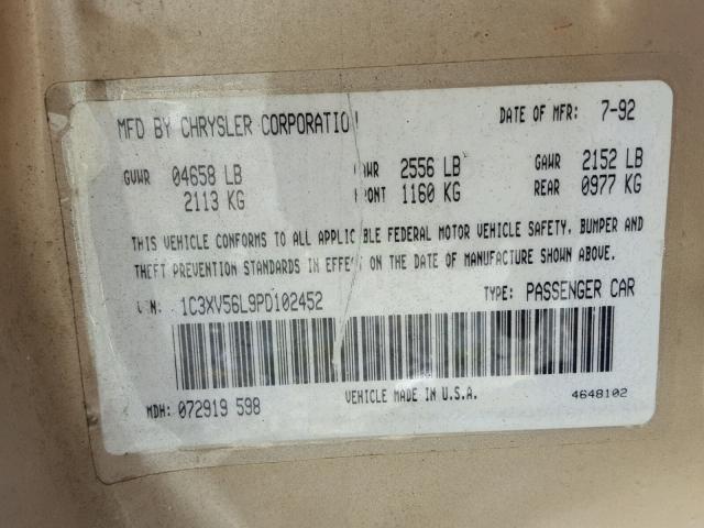 1C3XV56L9PD102452 - 1993 CHRYSLER IMPERIAL ბეჟი ფოტო 10