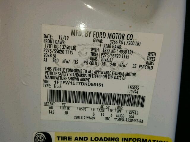 1FTFW1ET7DKD95161 - 2013 FORD F150 WHITE photo 10