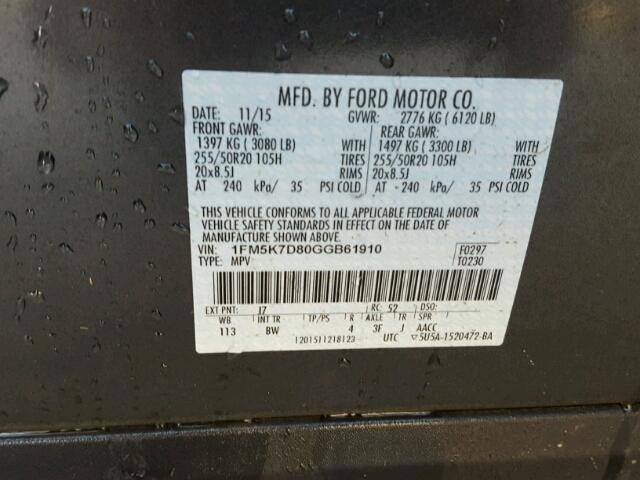 1FM5K7D80GGB61910 - 2016 FORD EXPLORER X CHARCOAL photo 10