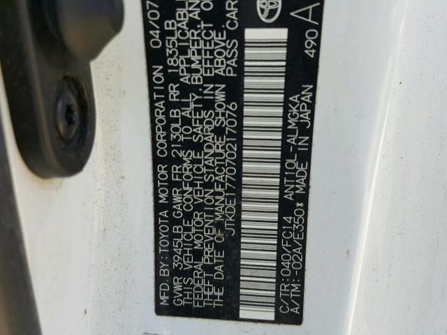 JTKDE177070217076 - 2007 TOYOTA SCION TC 白色 照片 10