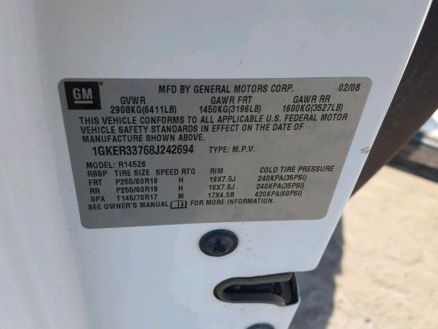 1GKER33768J242694 - 2008 GMC ACADIA SLT თეთრი ფოტო 10