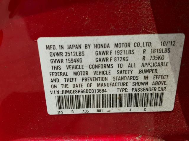 JHMGE8H66DC013684 - 2013 HONDA FIT SPORT RED photo 10