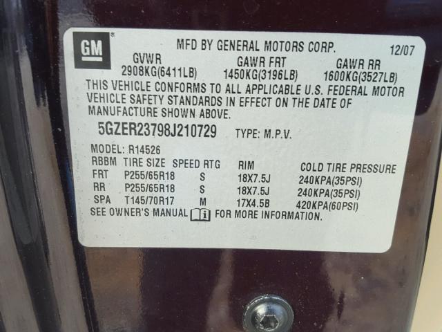 5GZER23798J210729 - 2008 SATURN OUTLOOK XR იასამნისფერი ფოტო 10