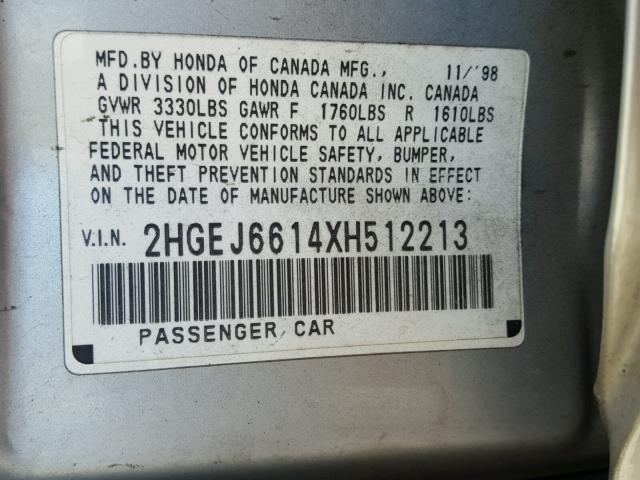 2HGEJ6614XH512213 - 1999 HONDA CIVIC BASE 银色 照片 10