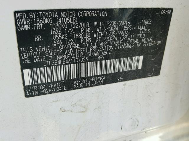 JTLZE4FE4A1107023 - 2010 TOYOTA SCION XB Weiß Foto 10