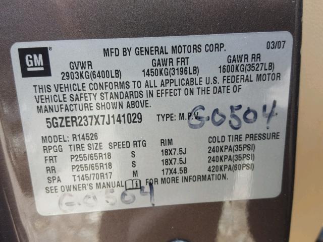 5GZER237X7J141029 - 2007 SATURN OUTLOOK XR ყავისფერი ფოტო 10