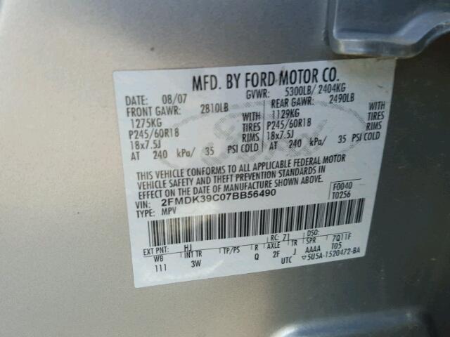 2FMDK39C07BB56490 - 2007 FORD EDGE SEL P GRAY photo 10