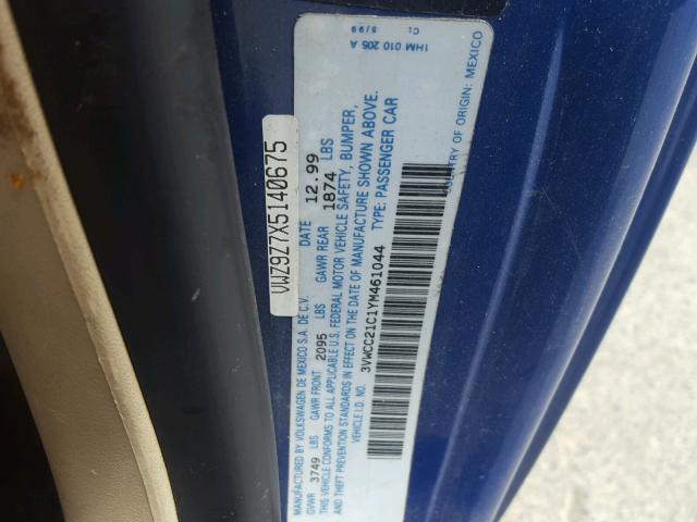 3VWCC21C1YM461044 - 2000 VOLKSWAGEN NEW BEETLE Mavi foto 10