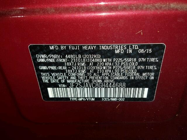 JF2SJAVC8GH444688 - 2016 SUBARU FORESTER 2 BURGUNDY photo 10