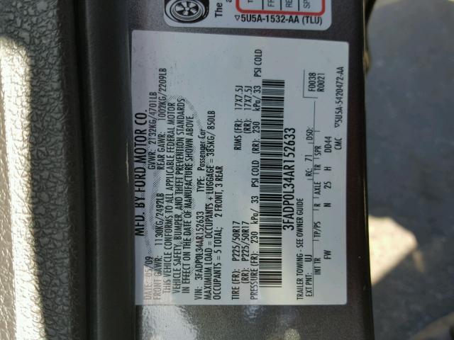 3FADP0L34AR152633 - 2010 FORD FUSION HYB GRAY photo 10