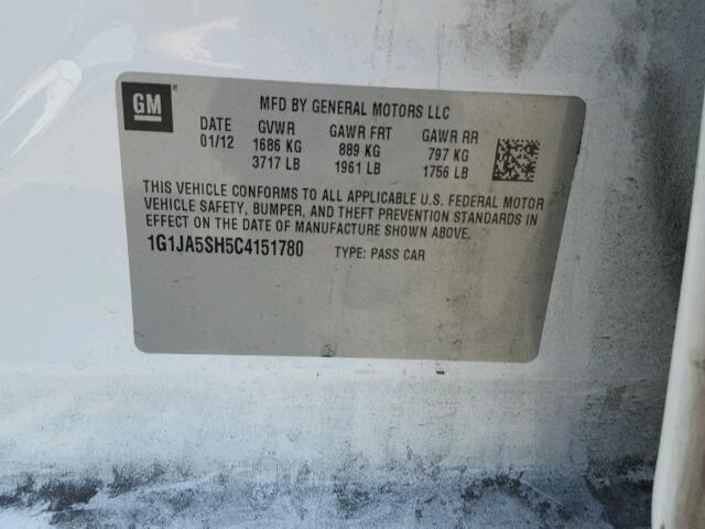 1G1JA5SH5C4151780 - 2012 CHEVROLET SONIC LS 白色 照片 10