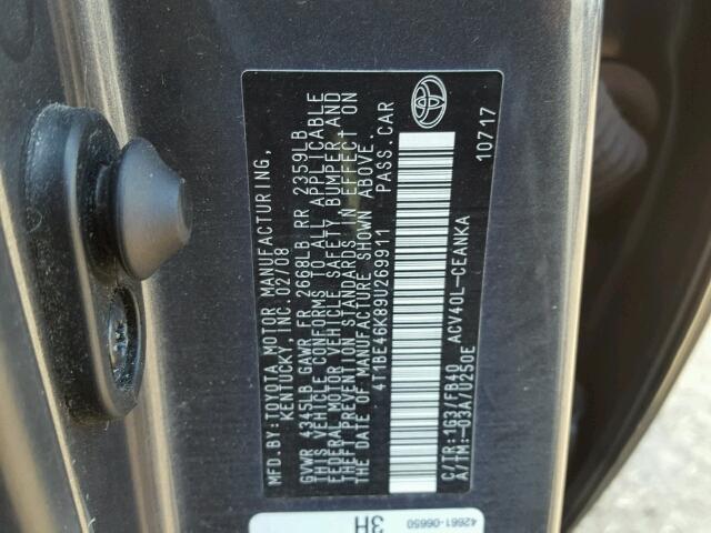 4T1BE46K89U269911 - 2009 TOYOTA CAMRY GRAY photo 10