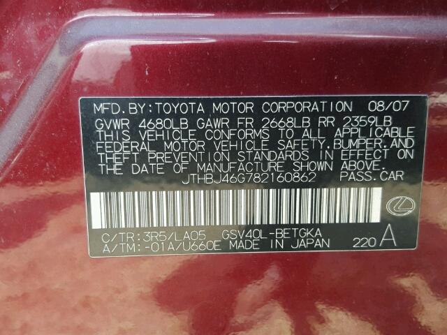 JTHBJ46G782160862 - 2008 LEXUS ES RED photo 10