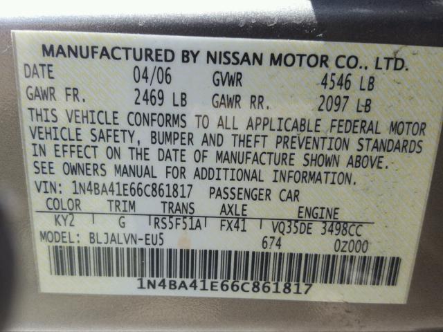 1N4BA41E66C861817 - 2006 NISSAN MAXIMA SE BROWN photo 10