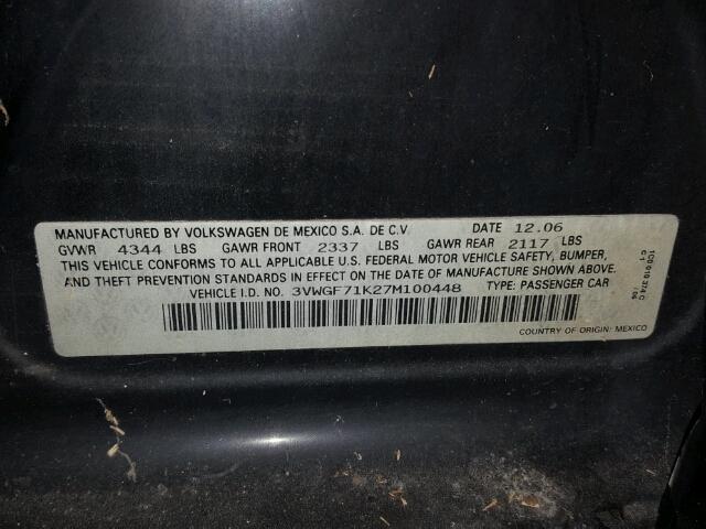 3VWGF71K27M100448 - 2007 VOLKSWAGEN JETTA BLACK photo 10