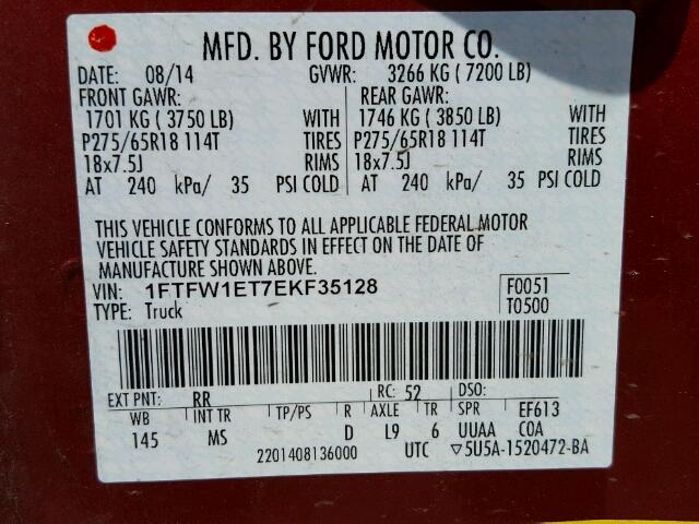 1FTFW1ET7EKF35128 - 2014 FORD F150 SUPER RED photo 10