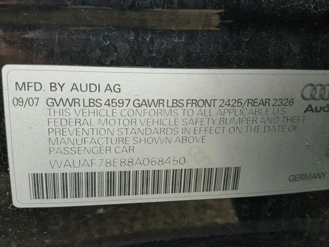 WAUAF78E88A068450 - 2008 AUDI A4 2.0T BLACK photo 10
