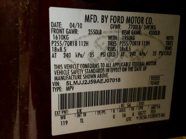 5LMJJ2J59AEJ07018 - 2010 LINCOLN NAVIGATOR 栗色 照片 10