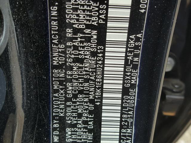 4T1BK1EB6HU243413 - 2017 TOYOTA AVALON XLE BLACK photo 10