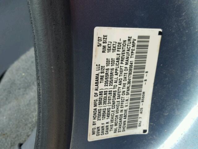 5FNRL38417B089841 - 2007 HONDA ODYSSEY EX BLUE photo 10
